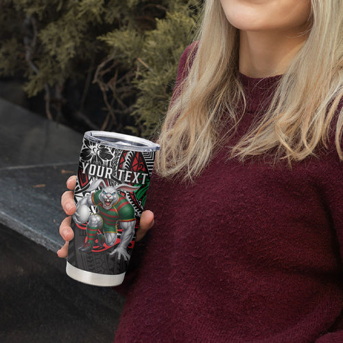 Personalised South Sydney Rabbitohs Tumbler Cup Polynesian Tribal Art Style With Powerful Rabbit Mascot
