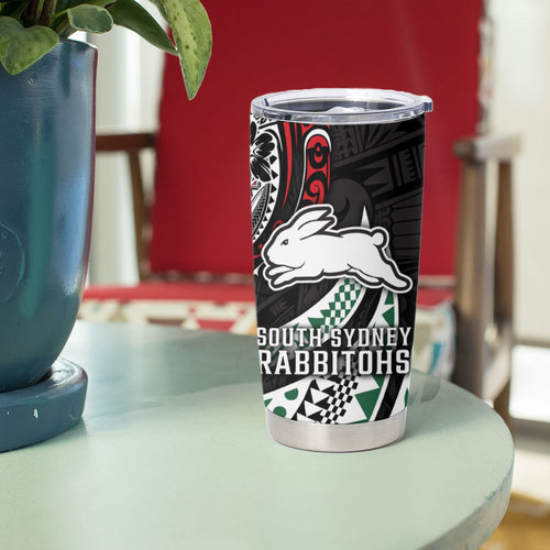 Personalised South Sydney Rabbitohs Tumbler Cup Polynesian Tribal Art Style With Powerful Rabbit Mascot