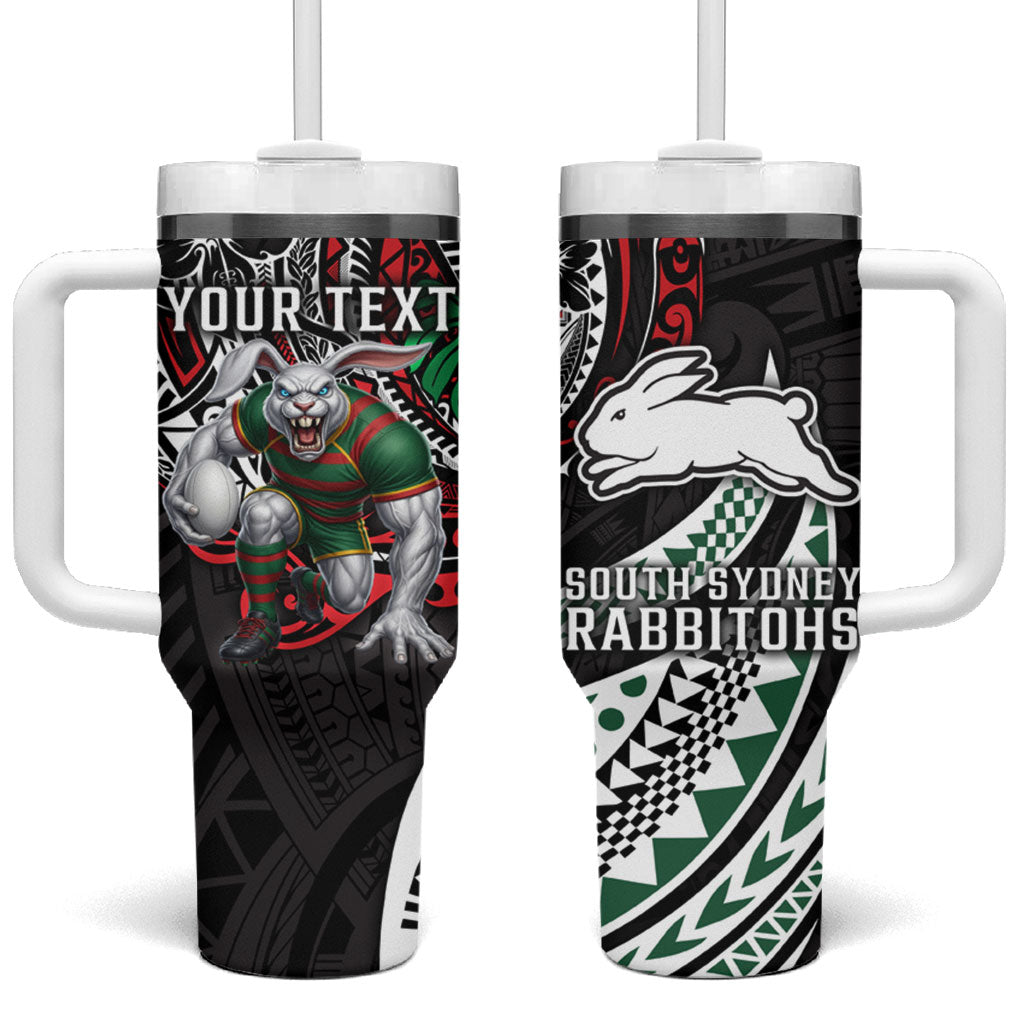 Personalised South Sydney Rabbitohs Tumbler With Handle Polynesian Tribal Art Style With Powerful Rabbit Mascot