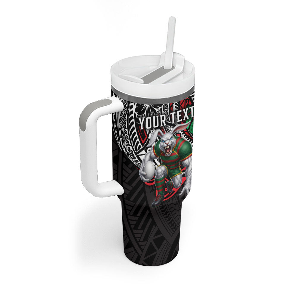 Personalised South Sydney Rabbitohs Tumbler With Handle Polynesian Tribal Art Style With Powerful Rabbit Mascot