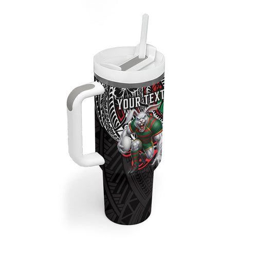 Personalised South Sydney Rabbitohs Tumbler With Handle Polynesian Tribal Art Style With Powerful Rabbit Mascot