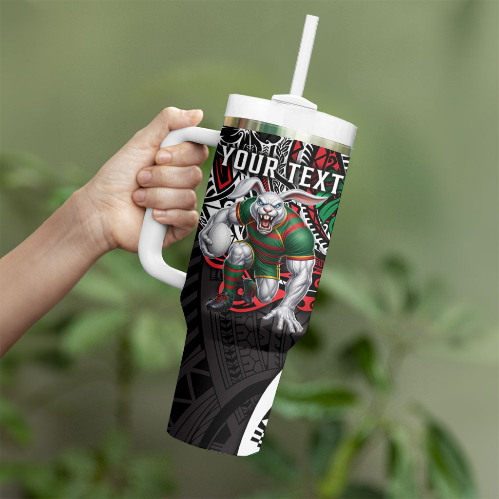 Personalised South Sydney Rabbitohs Tumbler With Handle Polynesian Tribal Art Style With Powerful Rabbit Mascot