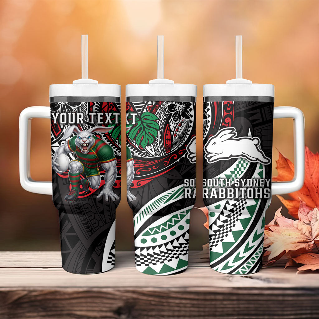 Personalised South Sydney Rabbitohs Tumbler With Handle Polynesian Tribal Art Style With Powerful Rabbit Mascot
