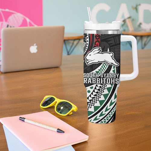 Personalised South Sydney Rabbitohs Tumbler With Handle Polynesian Tribal Art Style With Powerful Rabbit Mascot