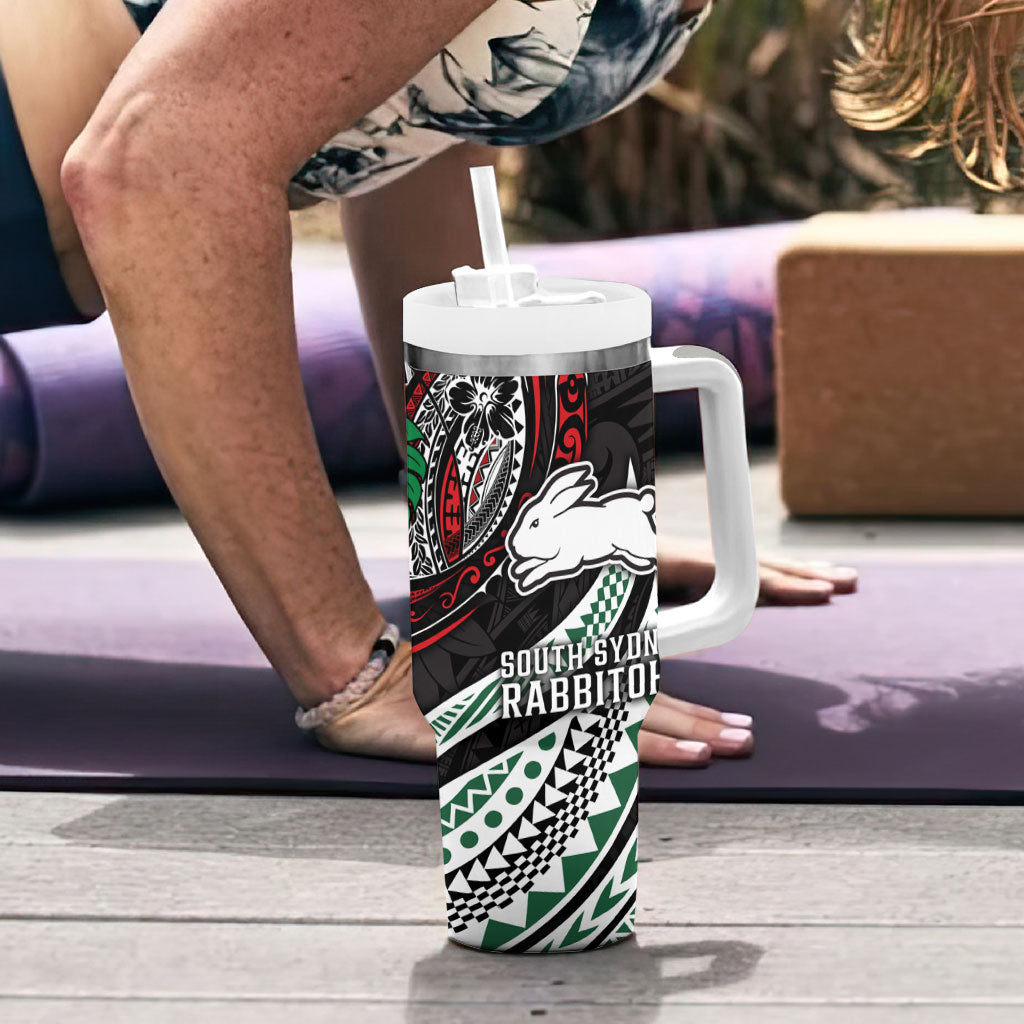 Personalised South Sydney Rabbitohs Tumbler With Handle Polynesian Tribal Art Style With Powerful Rabbit Mascot