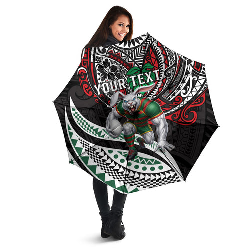 Personalised South Sydney Rabbitohs Umbrella Polynesian Tribal Art Style With Powerful Rabbit Mascot