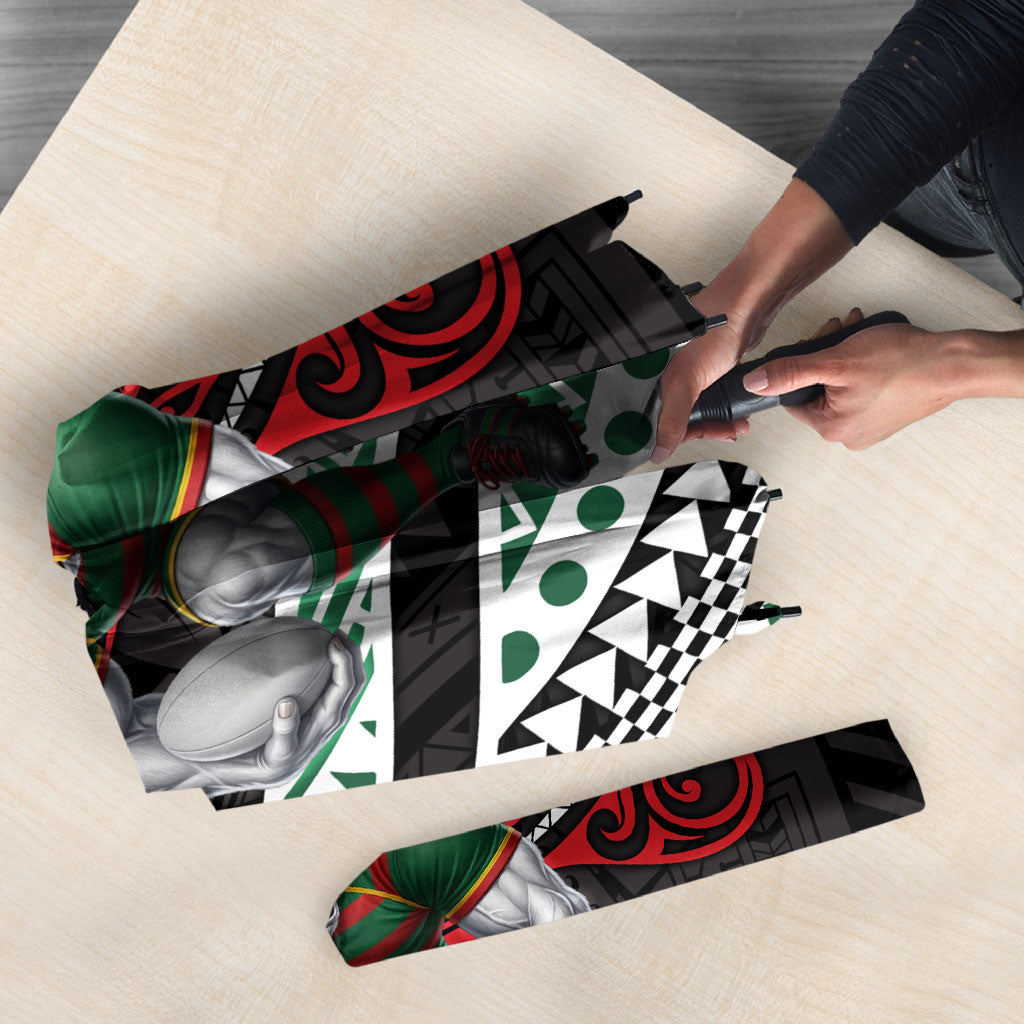 Personalised South Sydney Rabbitohs Umbrella Polynesian Tribal Art Style With Powerful Rabbit Mascot