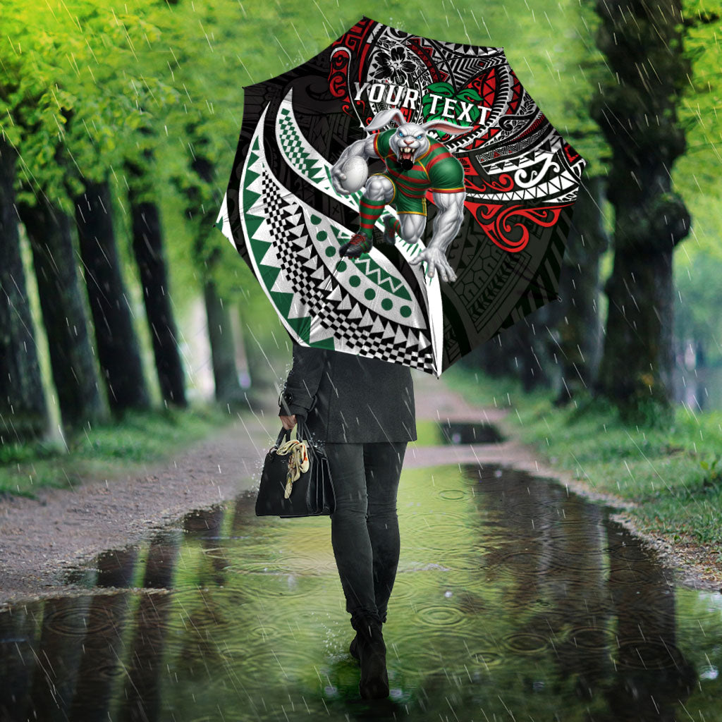 Personalised South Sydney Rabbitohs Umbrella Polynesian Tribal Art Style With Powerful Rabbit Mascot