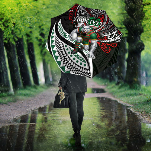 Personalised South Sydney Rabbitohs Umbrella Polynesian Tribal Art Style With Powerful Rabbit Mascot