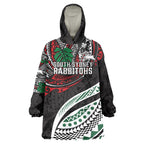 Personalised South Sydney Rabbitohs Wearable Blanket Hoodie Polynesian Tribal Art Style With Powerful Rabbit Mascot