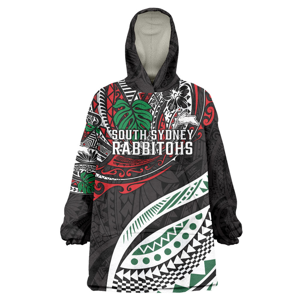 Personalised South Sydney Rabbitohs Wearable Blanket Hoodie Polynesian Tribal Art Style With Powerful Rabbit Mascot