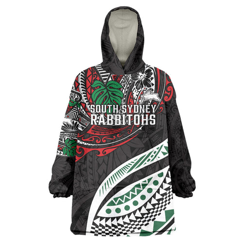 Personalised South Sydney Rabbitohs Wearable Blanket Hoodie Polynesian Tribal Art Style With Powerful Rabbit Mascot