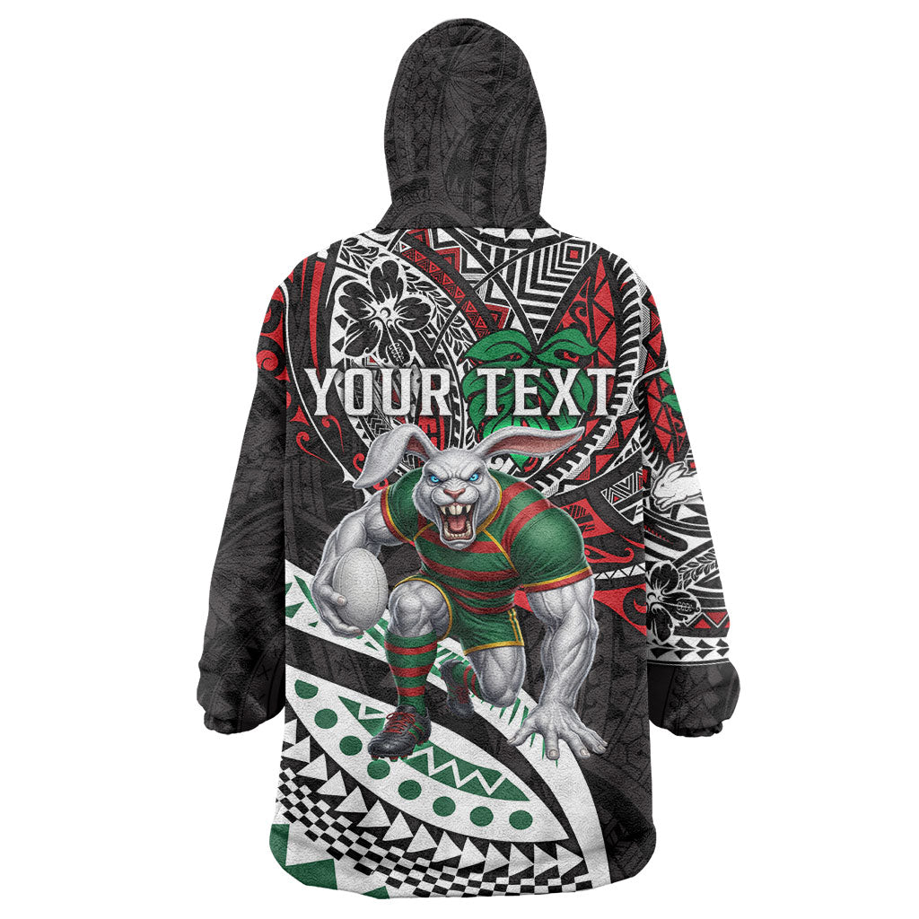 Personalised South Sydney Rabbitohs Wearable Blanket Hoodie Polynesian Tribal Art Style With Powerful Rabbit Mascot