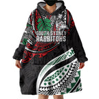 Personalised South Sydney Rabbitohs Wearable Blanket Hoodie Polynesian Tribal Art Style With Powerful Rabbit Mascot