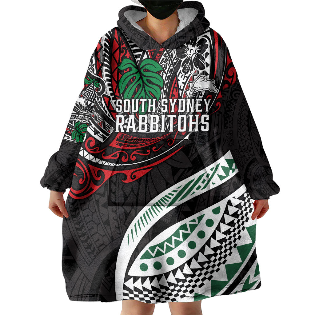 Personalised South Sydney Rabbitohs Wearable Blanket Hoodie Polynesian Tribal Art Style With Powerful Rabbit Mascot