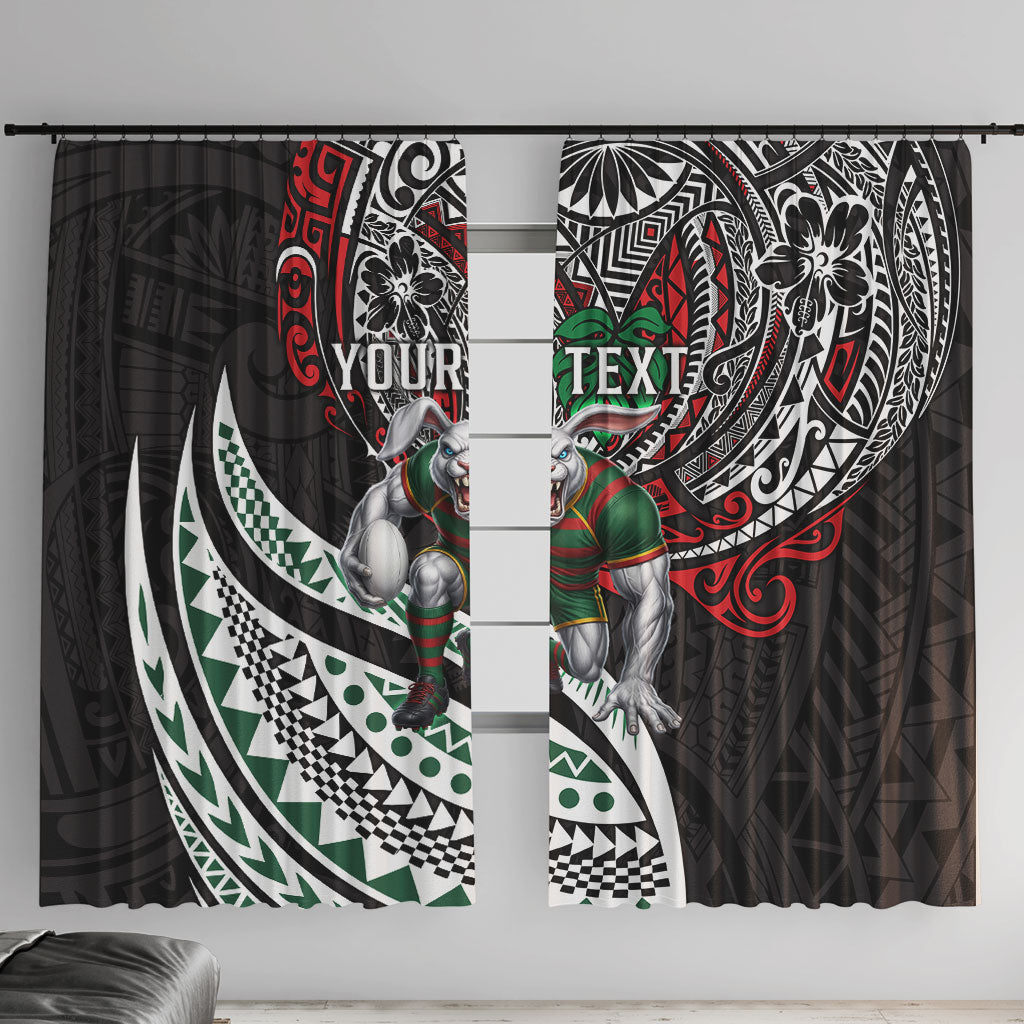 Personalised South Sydney Rabbitohs Window Curtain Polynesian Tribal Art Style With Powerful Rabbit Mascot
