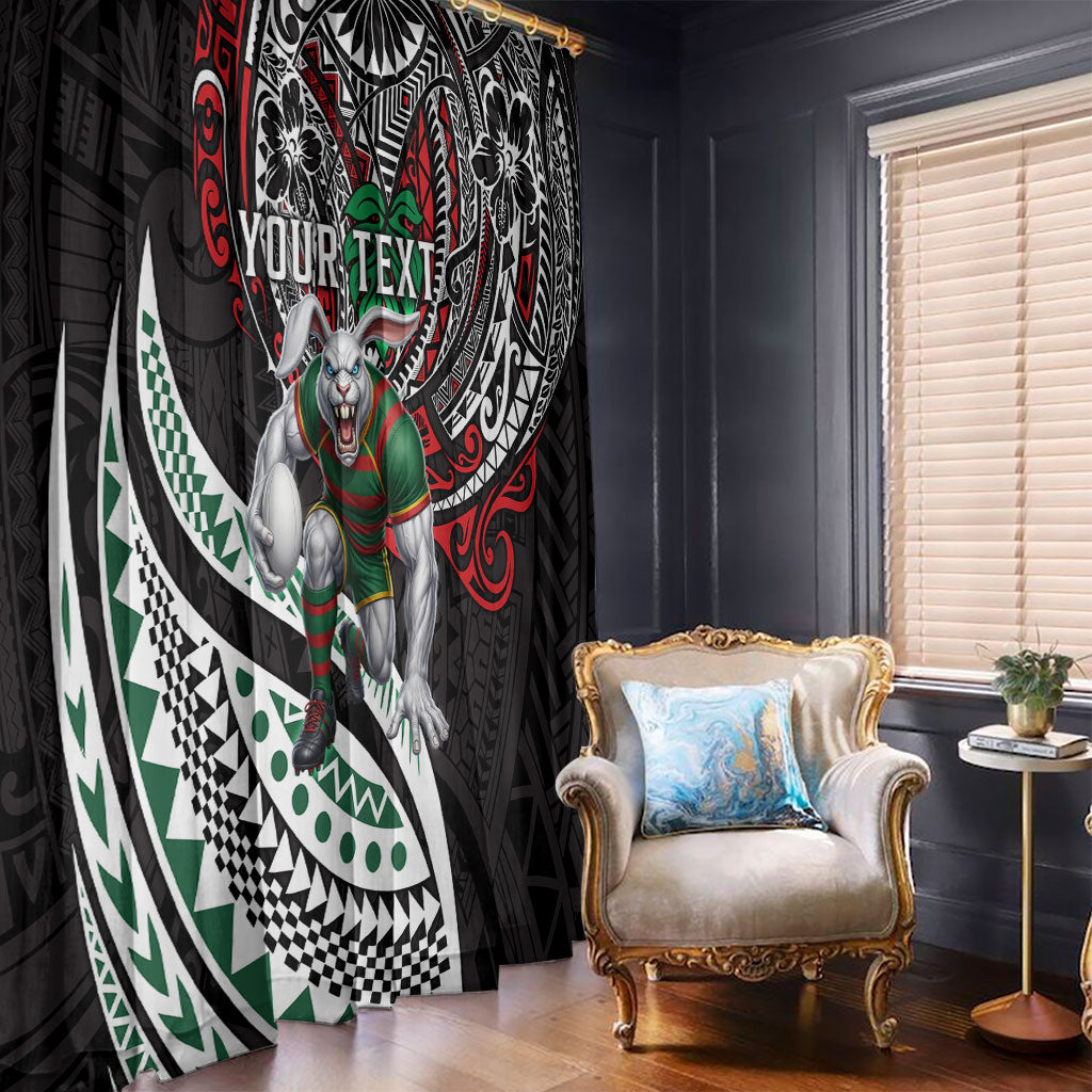Personalised South Sydney Rabbitohs Window Curtain Polynesian Tribal Art Style With Powerful Rabbit Mascot