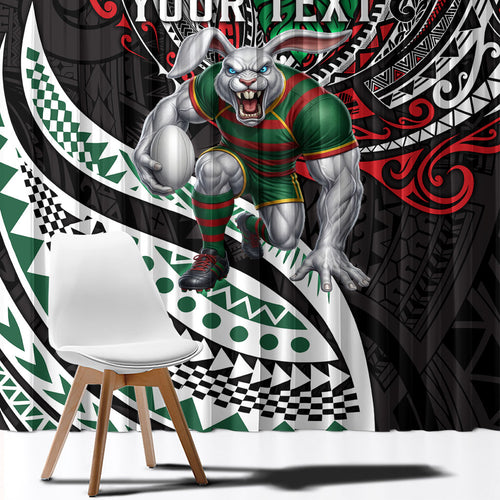 Personalised South Sydney Rabbitohs Window Curtain Polynesian Tribal Art Style With Powerful Rabbit Mascot