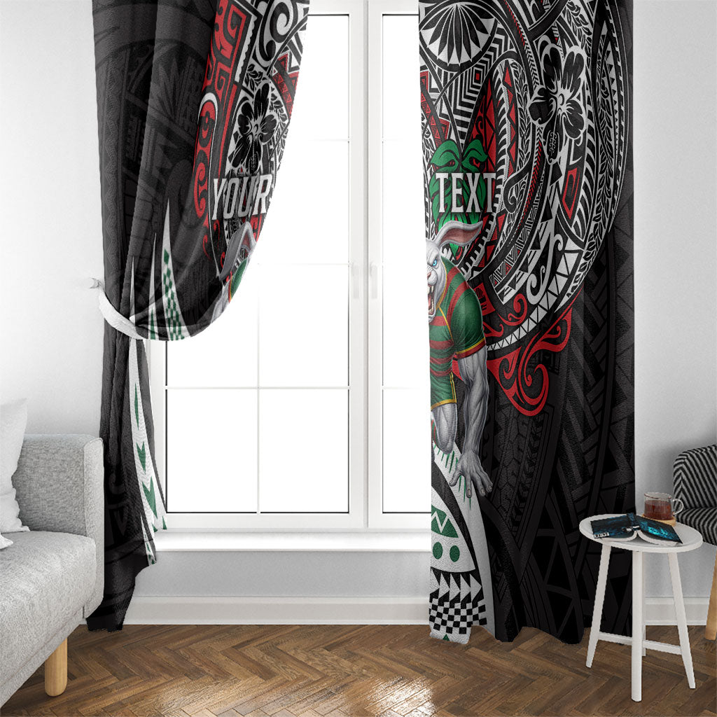Personalised South Sydney Rabbitohs Window Curtain Polynesian Tribal Art Style With Powerful Rabbit Mascot