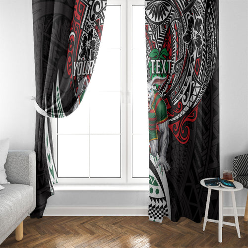 Personalised South Sydney Rabbitohs Window Curtain Polynesian Tribal Art Style With Powerful Rabbit Mascot