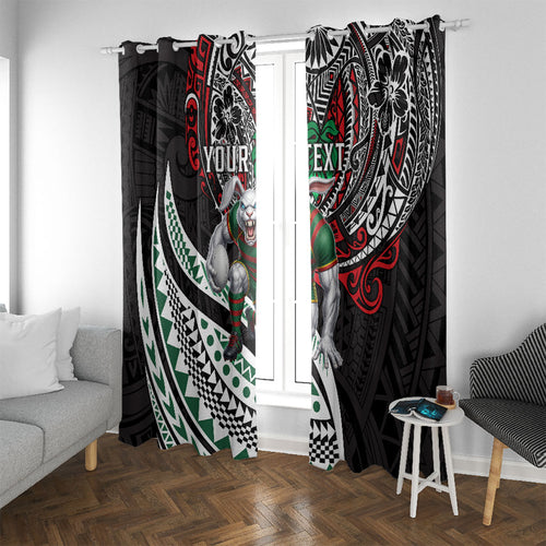 Personalised South Sydney Rabbitohs Window Curtain Polynesian Tribal Art Style With Powerful Rabbit Mascot