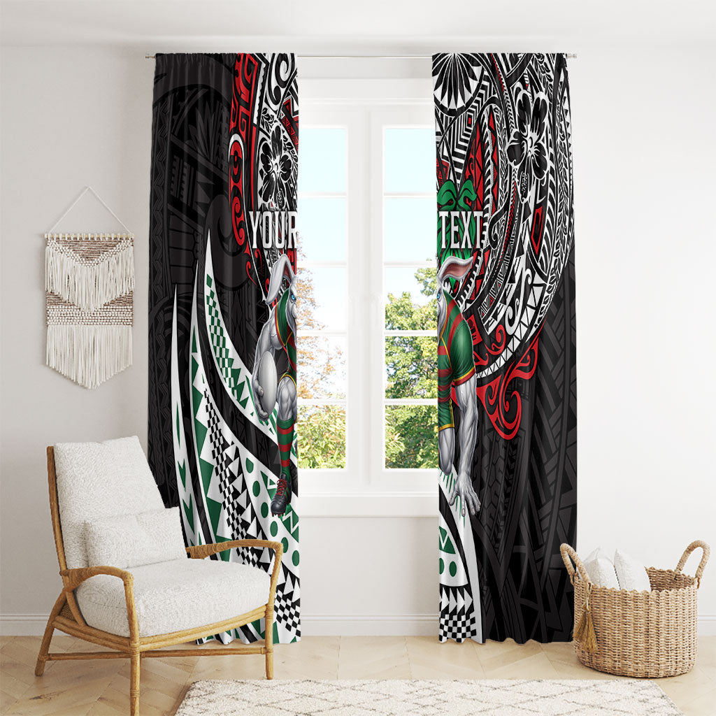 Personalised South Sydney Rabbitohs Window Curtain Polynesian Tribal Art Style With Powerful Rabbit Mascot