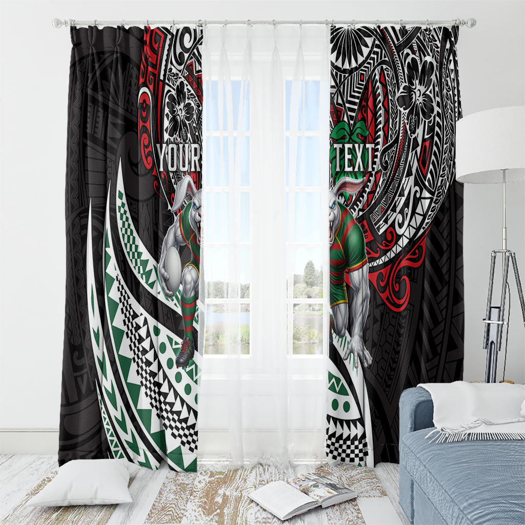 Personalised South Sydney Rabbitohs Window Curtain Polynesian Tribal Art Style With Powerful Rabbit Mascot