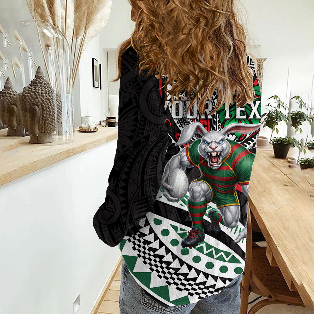 Personalised South Sydney Rabbitohs Women Casual Shirt Polynesian Tribal Art Style With Powerful Rabbit Mascot