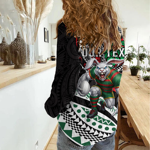 Personalised South Sydney Rabbitohs Women Casual Shirt Polynesian Tribal Art Style With Powerful Rabbit Mascot