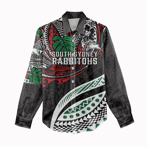 Personalised South Sydney Rabbitohs Women Casual Shirt Polynesian Tribal Art Style With Powerful Rabbit Mascot