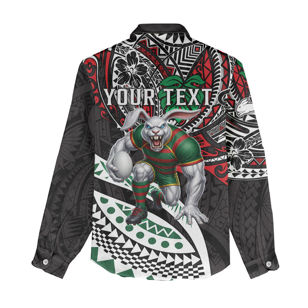 Personalised South Sydney Rabbitohs Women Casual Shirt Polynesian Tribal Art Style With Powerful Rabbit Mascot