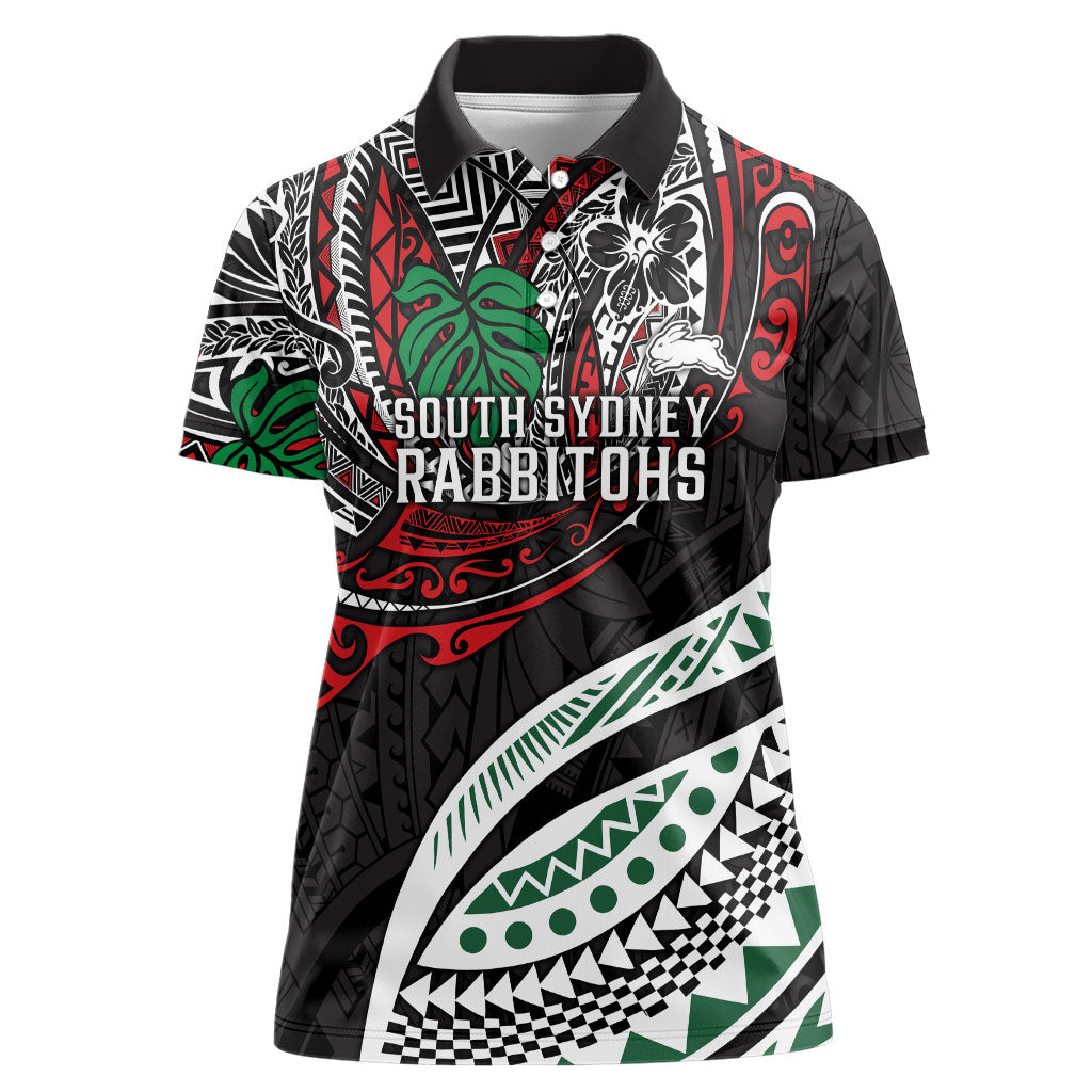 Personalised South Sydney Rabbitohs Women Polo Shirt Polynesian Tribal Art Style With Powerful Rabbit Mascot