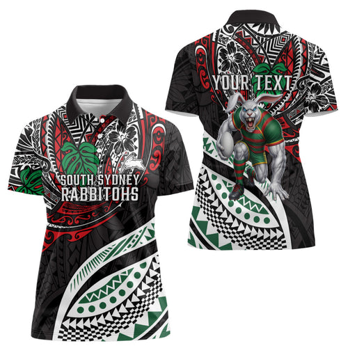 Personalised South Sydney Rabbitohs Women Polo Shirt Polynesian Tribal Art Style With Powerful Rabbit Mascot