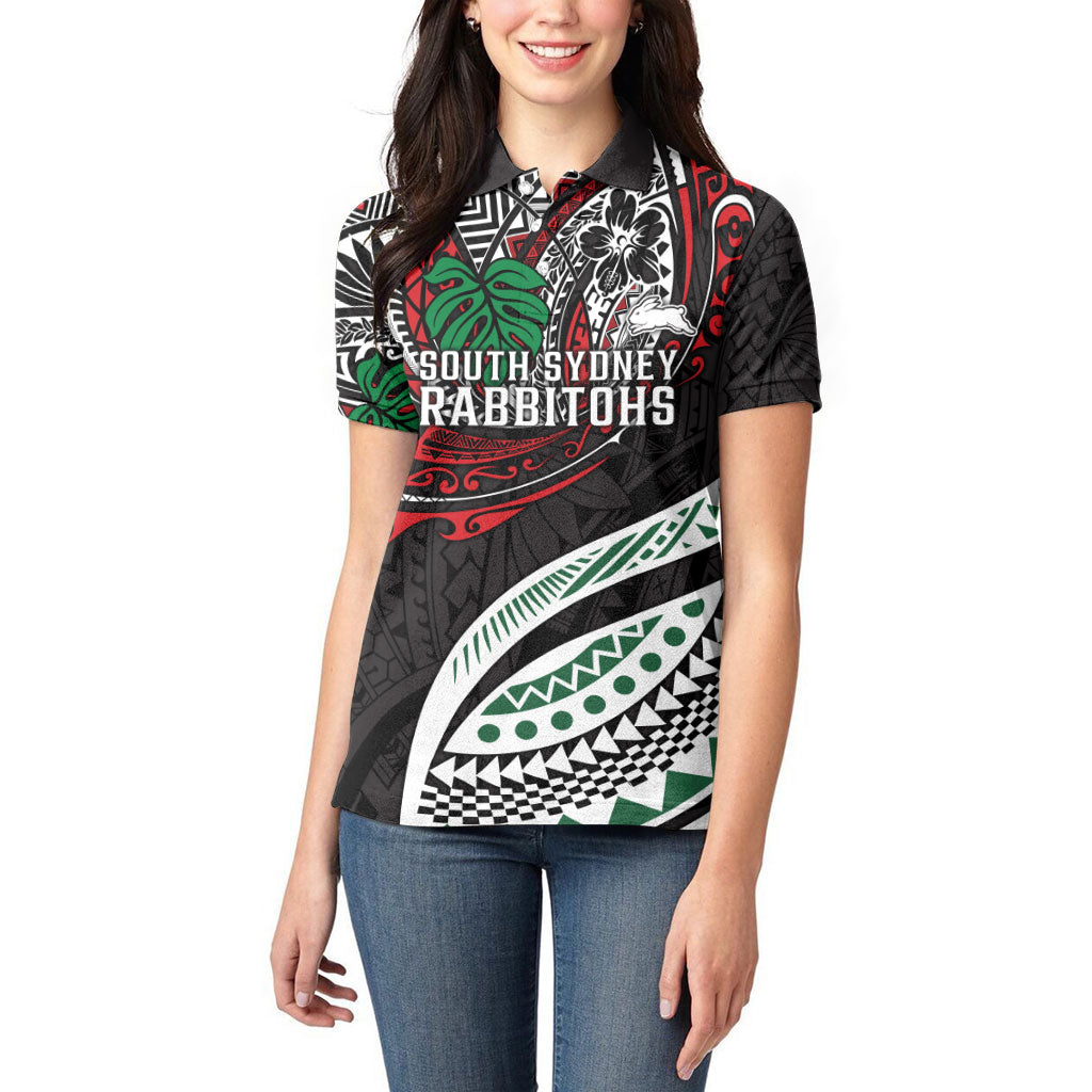 Personalised South Sydney Rabbitohs Women Polo Shirt Polynesian Tribal Art Style With Powerful Rabbit Mascot