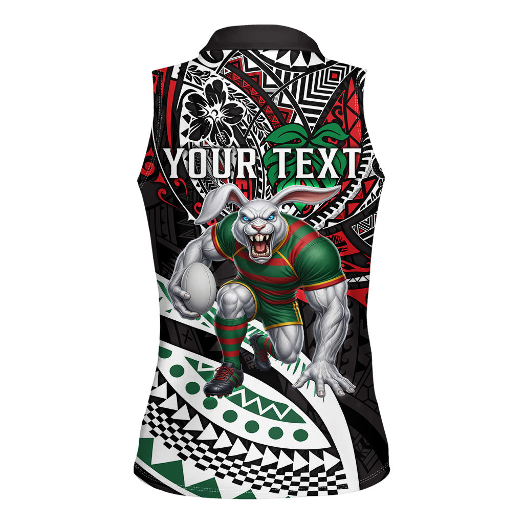 Personalised South Sydney Rabbitohs Women Sleeveless Polo Shirt Polynesian Tribal Art Style With Powerful Rabbit Mascot