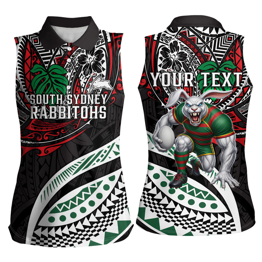Personalised South Sydney Rabbitohs Women Sleeveless Polo Shirt Polynesian Tribal Art Style With Powerful Rabbit Mascot
