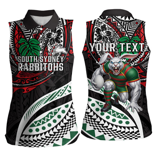 Personalised South Sydney Rabbitohs Women Sleeveless Polo Shirt Polynesian Tribal Art Style With Powerful Rabbit Mascot