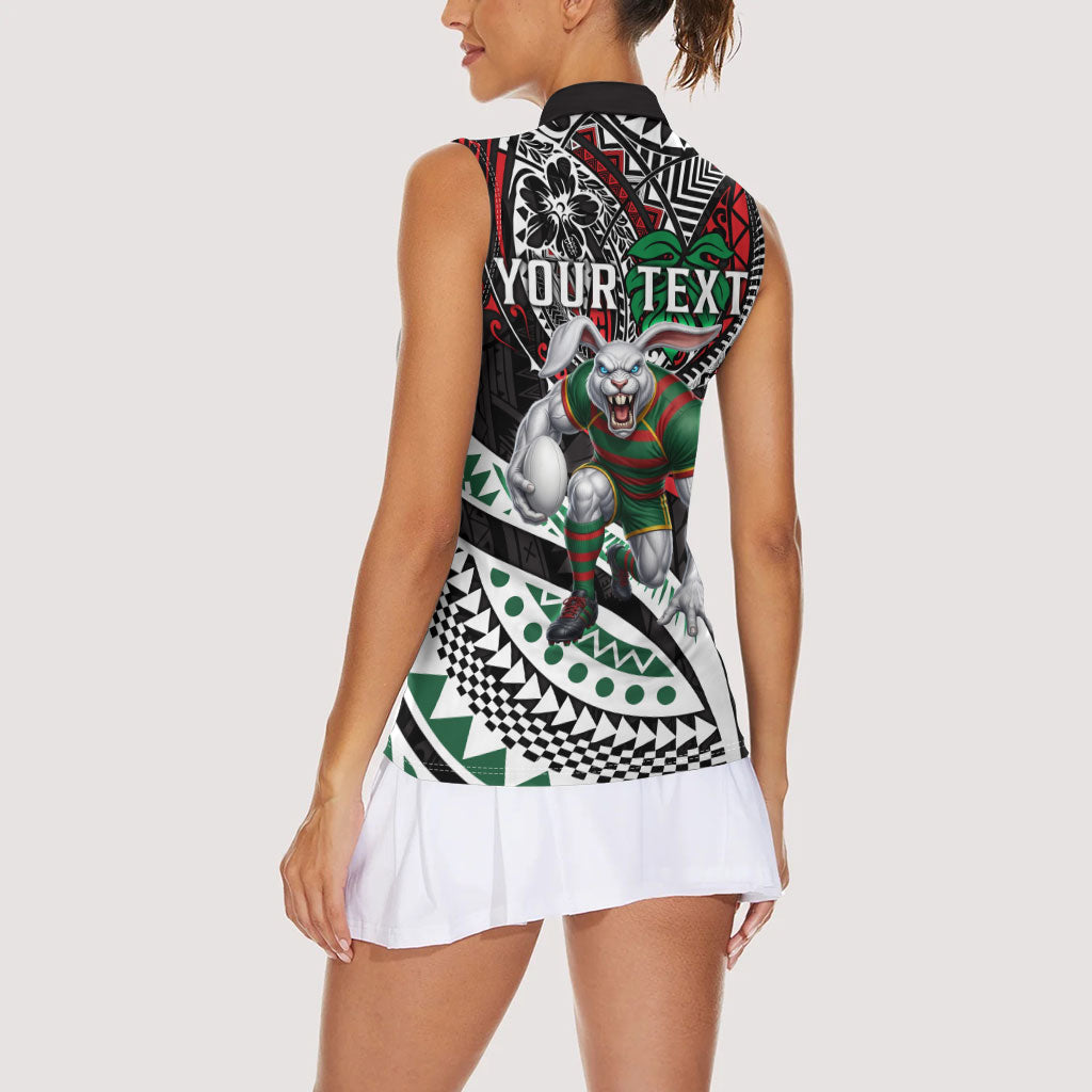 Personalised South Sydney Rabbitohs Women Sleeveless Polo Shirt Polynesian Tribal Art Style With Powerful Rabbit Mascot