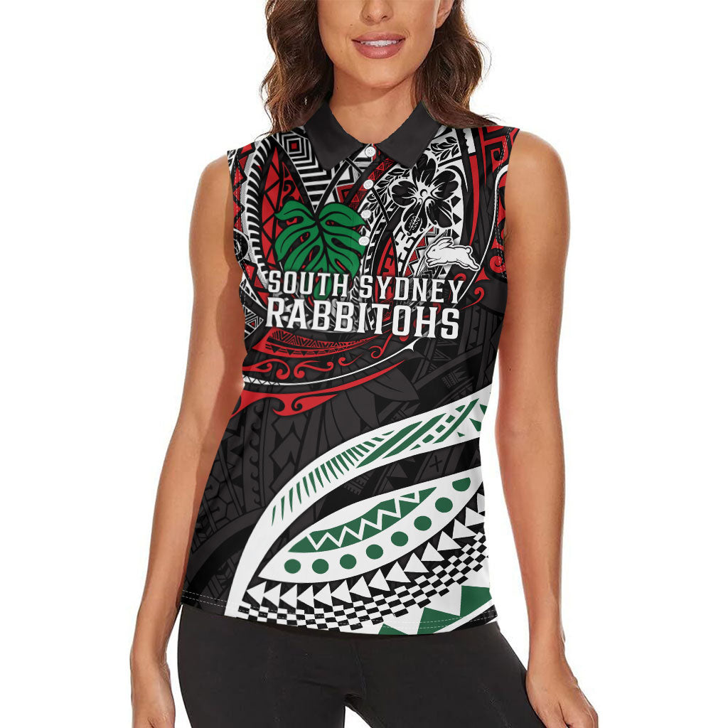 Personalised South Sydney Rabbitohs Women Sleeveless Polo Shirt Polynesian Tribal Art Style With Powerful Rabbit Mascot