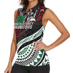Personalised South Sydney Rabbitohs Women Sleeveless Polo Shirt Polynesian Tribal Art Style With Powerful Rabbit Mascot