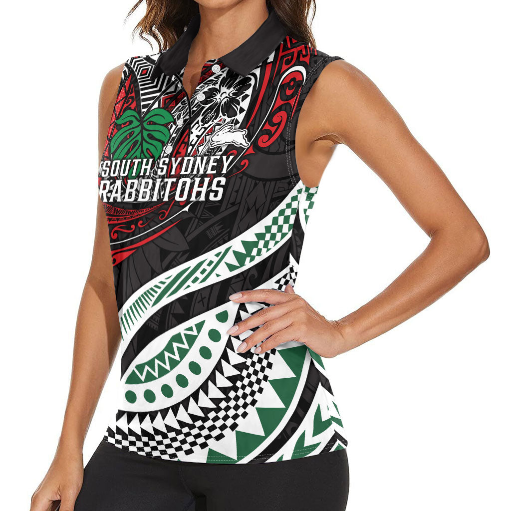Personalised South Sydney Rabbitohs Women Sleeveless Polo Shirt Polynesian Tribal Art Style With Powerful Rabbit Mascot