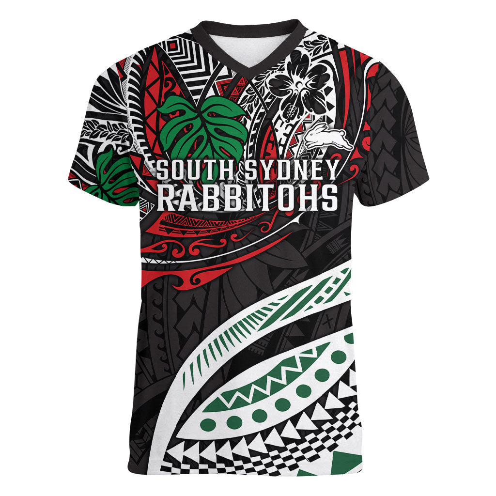 Personalised South Sydney Rabbitohs Women V-Neck T-Shirt Polynesian Tribal Art Style With Powerful Rabbit Mascot