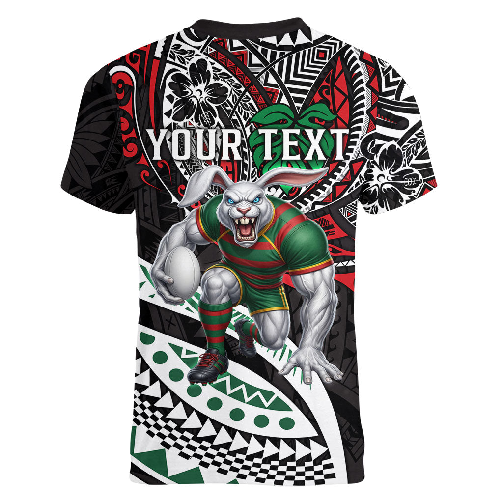 Personalised South Sydney Rabbitohs Women V-Neck T-Shirt Polynesian Tribal Art Style With Powerful Rabbit Mascot