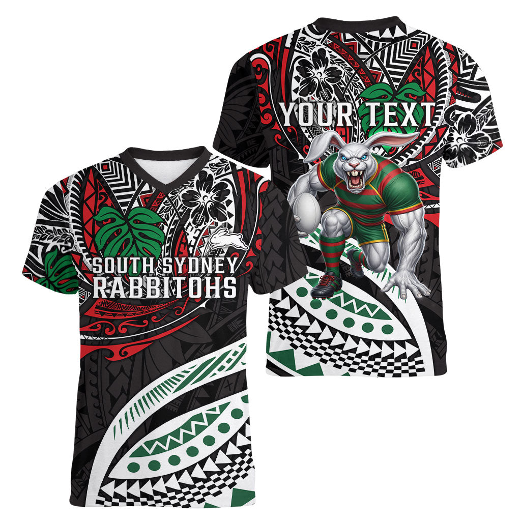 Personalised South Sydney Rabbitohs Women V-Neck T-Shirt Polynesian Tribal Art Style With Powerful Rabbit Mascot