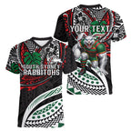 Personalised South Sydney Rabbitohs Women V-Neck T-Shirt Polynesian Tribal Art Style With Powerful Rabbit Mascot