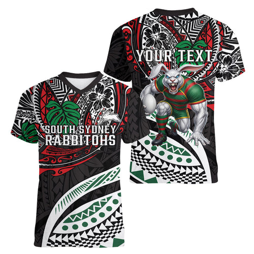 Personalised South Sydney Rabbitohs Women V-Neck T-Shirt Polynesian Tribal Art Style With Powerful Rabbit Mascot