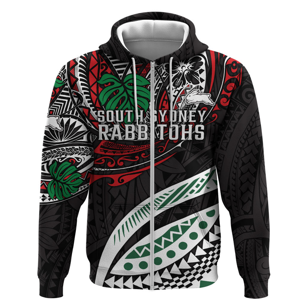 Personalised South Sydney Rabbitohs Zip Hoodie Polynesian Tribal Art Style With Powerful Rabbit Mascot