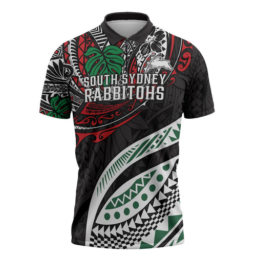 Personalised South Sydney Rabbitohs Zipper Polo Shirt Polynesian Tribal Art Style With Powerful Rabbit Mascot