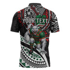 Personalised South Sydney Rabbitohs Zipper Polo Shirt Polynesian Tribal Art Style With Powerful Rabbit Mascot