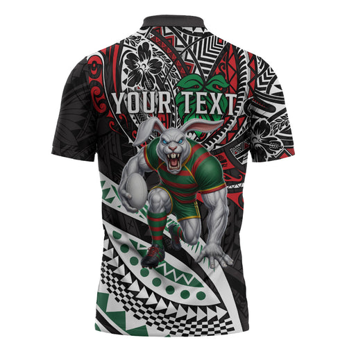 Personalised South Sydney Rabbitohs Zipper Polo Shirt Polynesian Tribal Art Style With Powerful Rabbit Mascot